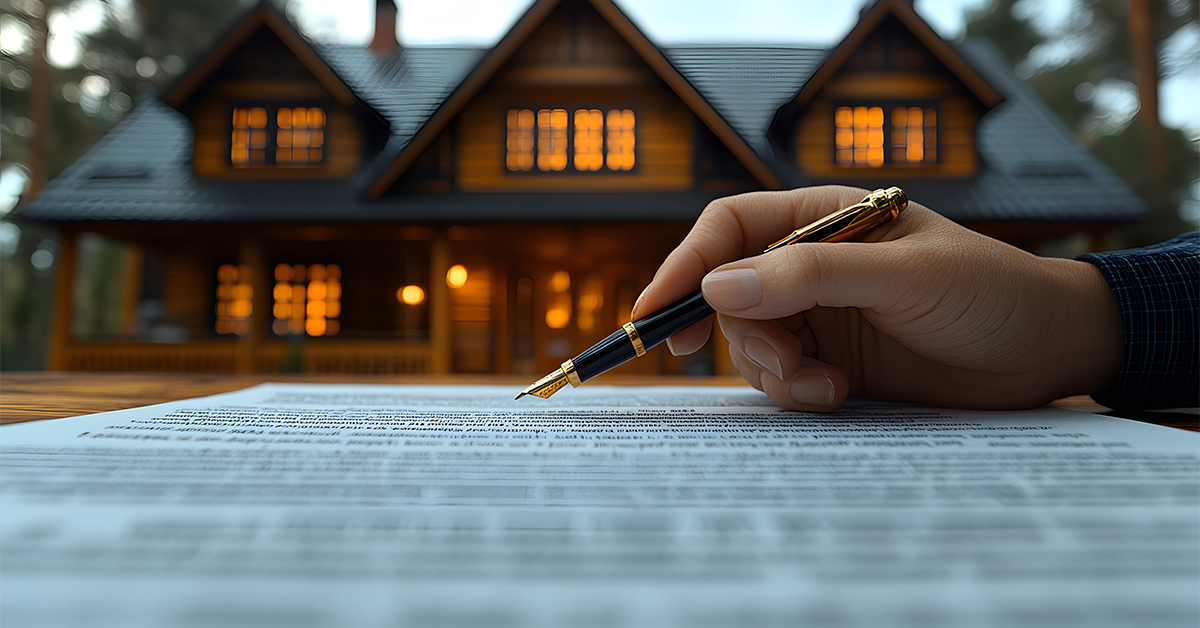 Ooty home stay agreement with a hand signing property documents in front of a cozy house.