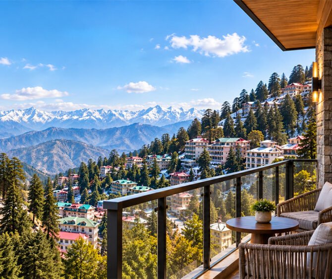 A luxurious hotel balcony with two woven armchairs and a small round table overlooking a hillside town of colorful buildings and green trees, with a yellow church tower on the left, dense pine forests, and a vast range of snow-capped mountains under a bright blue sky.