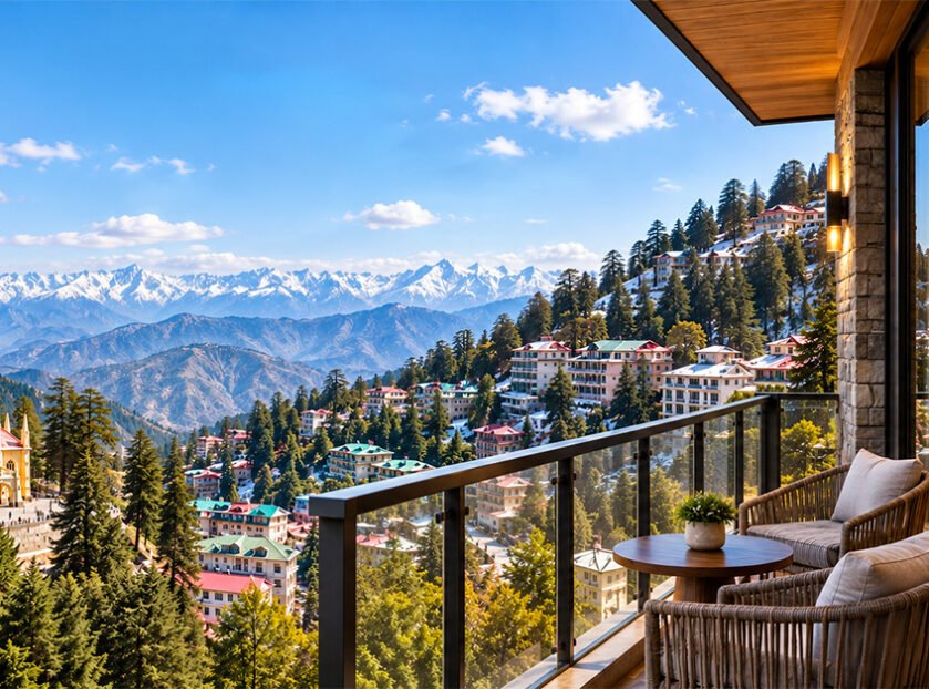 A luxurious hotel balcony with two woven armchairs and a small round table overlooking a hillside town of colorful buildings and green trees, with a yellow church tower on the left, dense pine forests, and a vast range of snow-capped mountains under a bright blue sky.