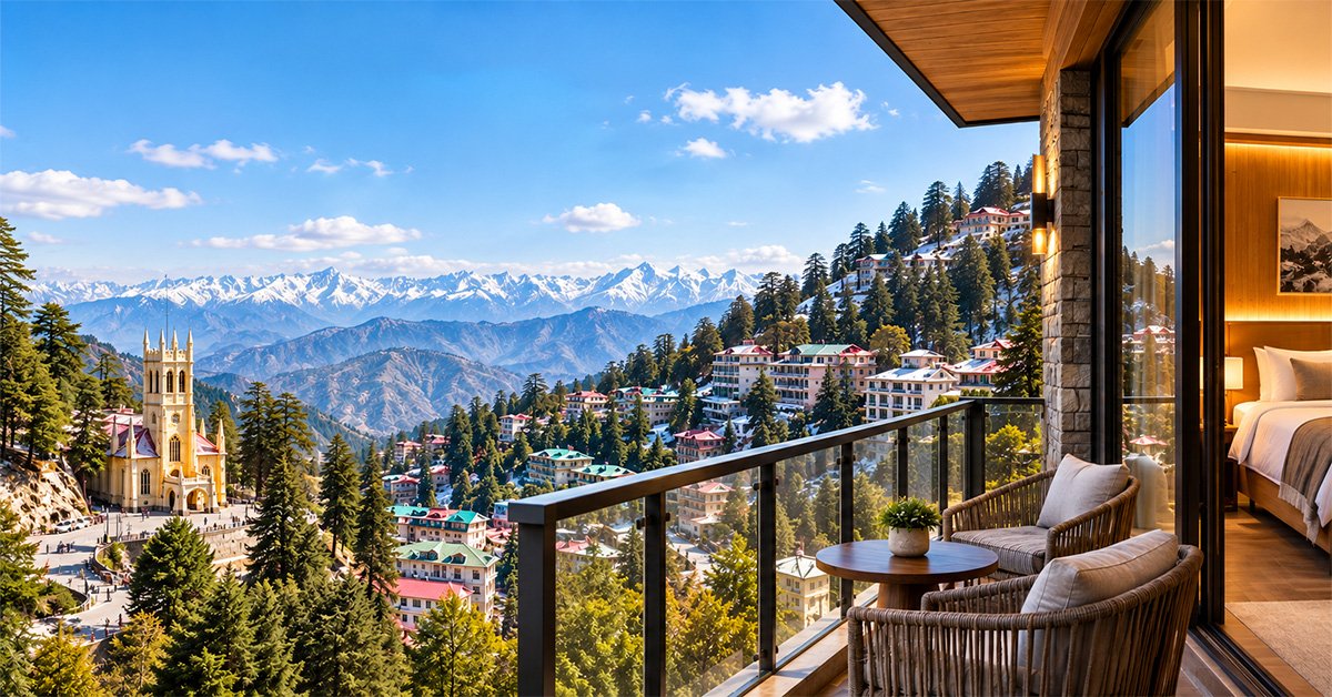 A luxurious hotel balcony with two woven armchairs and a small round table overlooking a hillside town of colorful buildings and green trees, with a yellow church tower on the left, dense pine forests, and a vast range of snow-capped mountains under a bright blue sky.