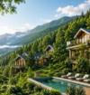 Luxury property in Shimla nestled among lush green mountains, featuring modern wooden villas, a private swimming pool, and beautiful Himalayan valley views.