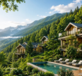 Luxury property in Shimla nestled among lush green mountains, featuring modern wooden villas, a private swimming pool, and beautiful Himalayan valley views.