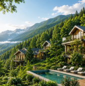 Luxury property in Shimla nestled among lush green mountains, featuring modern wooden villas, a private swimming pool, and beautiful Himalayan valley views.