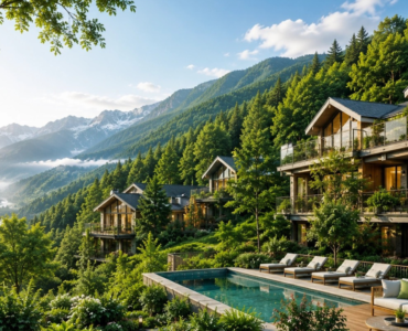 Luxury property in Shimla nestled among lush green mountains, featuring modern wooden villas, a private swimming pool, and beautiful Himalayan valley views.