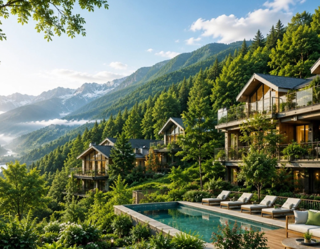 Luxury property in Shimla nestled among lush green mountains, featuring modern wooden villas, a private swimming pool, and beautiful Himalayan valley views.