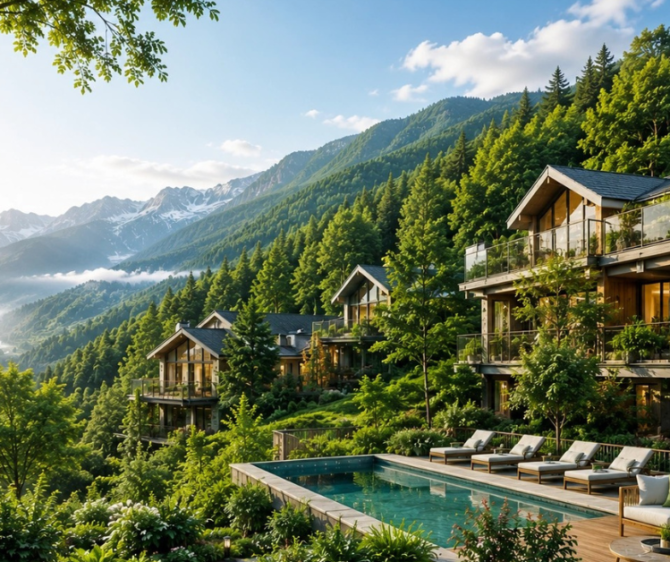 Luxury property in Shimla nestled among lush green mountains, featuring modern wooden villas, a private swimming pool, and beautiful Himalayan valley views.