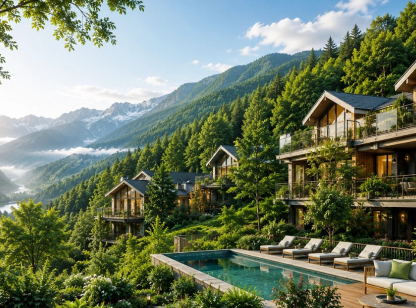 Luxury property in Shimla nestled among lush green mountains, featuring modern wooden villas, a private swimming pool, and beautiful Himalayan valley views.