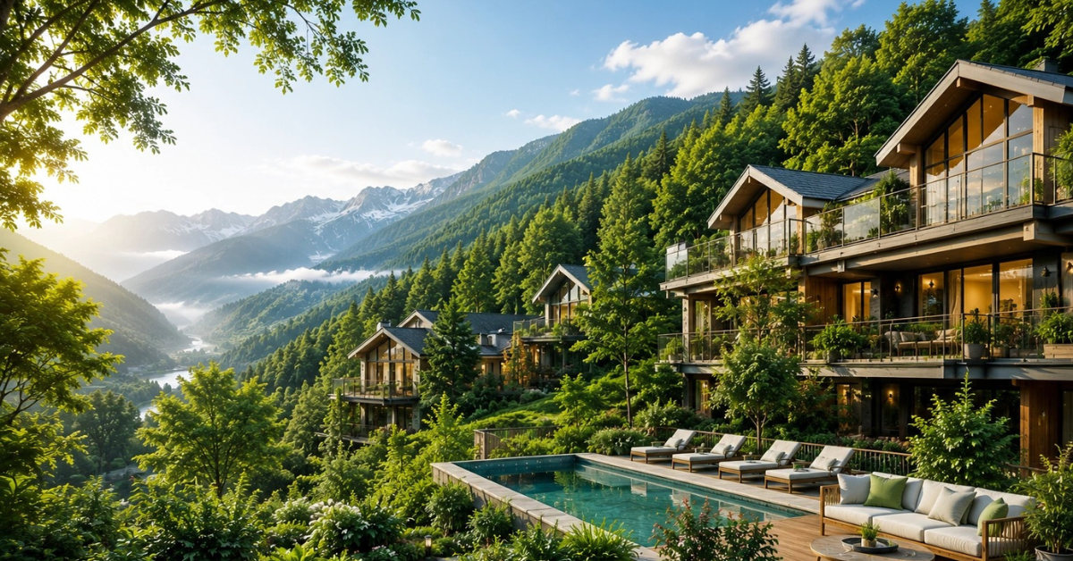 Luxury property in Shimla nestled among lush green mountains, featuring modern wooden villas, a private swimming pool, and beautiful Himalayan valley views.