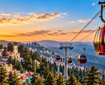 Shimla ropeway with red cable cars overlooking the city, pine forests, and Himalayan mountains at sunset.