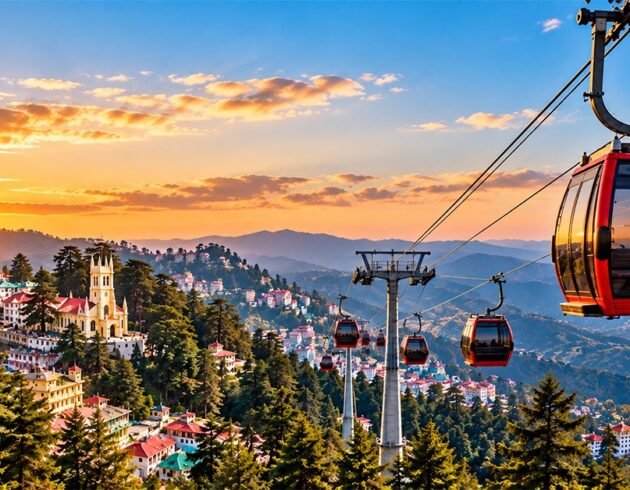 Shimla ropeway with red cable cars overlooking the city, pine forests, and Himalayan mountains at sunset.