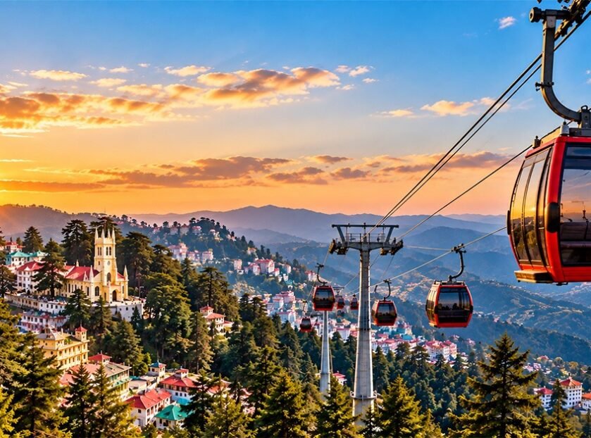 Shimla ropeway with red cable cars overlooking the city, pine forests, and Himalayan mountains at sunset.