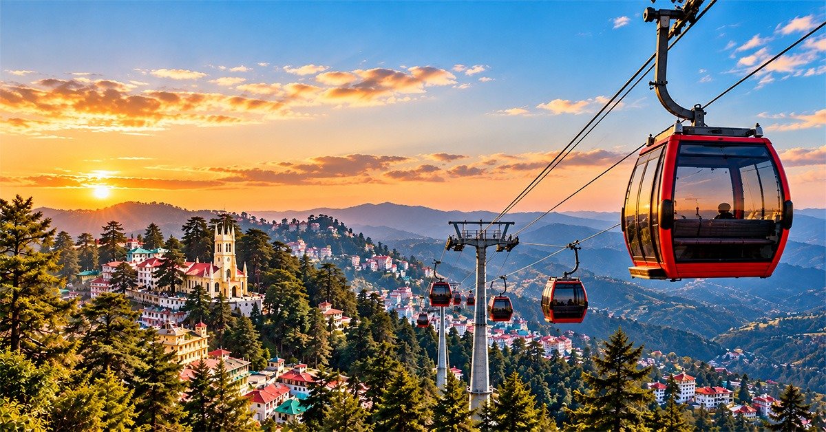 Shimla ropeway with red cable cars overlooking the city, pine forests, and Himalayan mountains at sunset.