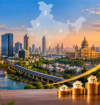 Best cities for real estate investment in India, illustrated with a city skyline, rising property values, and stacked coins with houses.
