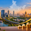Best cities for real estate investment in India, illustrated with a city skyline, rising property values, and stacked coins with houses.