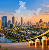 Best cities for real estate investment in India, illustrated with a city skyline, rising property values, and stacked coins with houses.