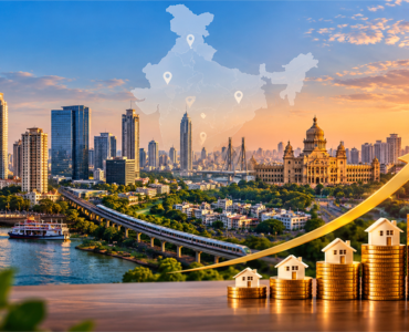 Best cities for real estate investment in India, illustrated with a city skyline, rising property values, and stacked coins with houses.
