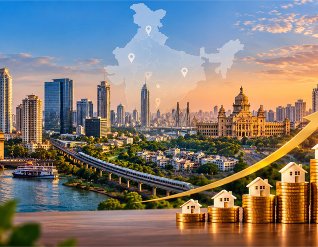 Best cities for real estate investment in India, illustrated with a city skyline, rising property values, and stacked coins with houses.