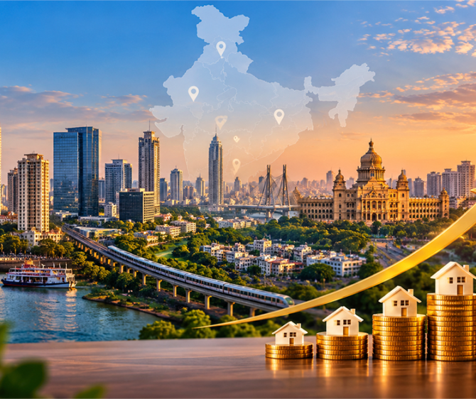 Best cities for real estate investment in India, illustrated with a city skyline, rising property values, and stacked coins with houses.