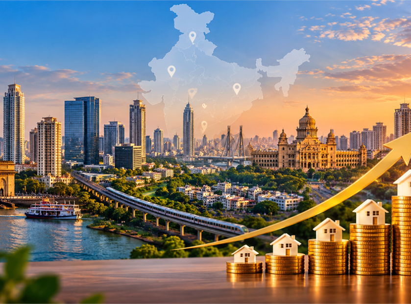 Best cities for real estate investment in India, illustrated with a city skyline, rising property values, and stacked coins with houses.