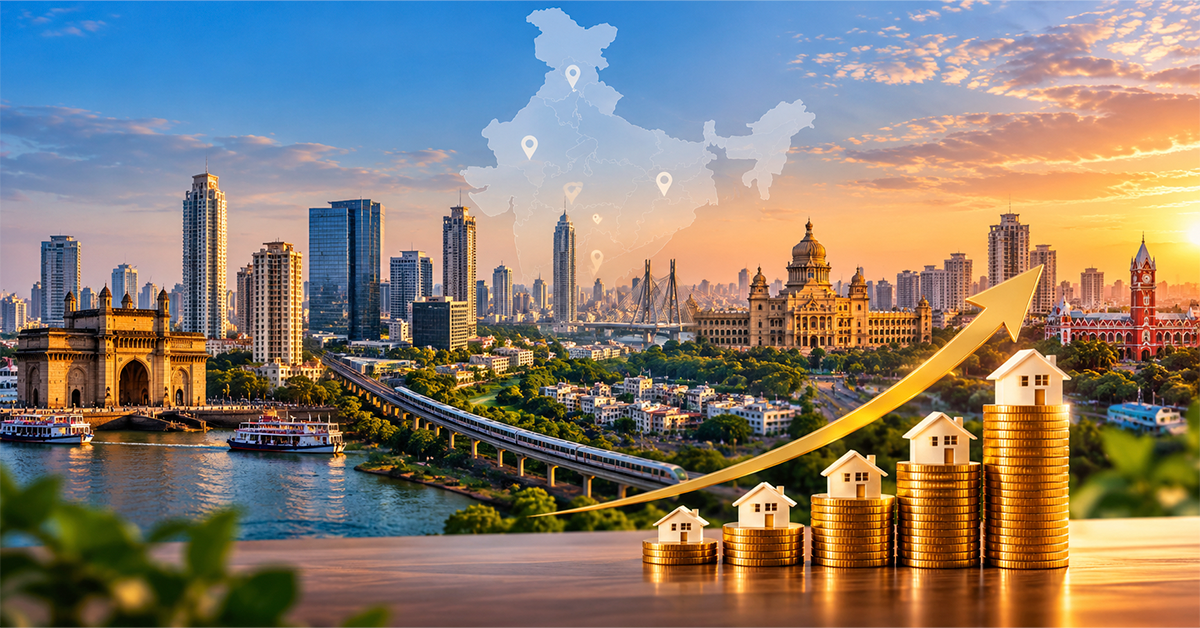 Best cities for real estate investment in India, illustrated with a city skyline, rising property values, and stacked coins with houses.