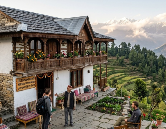 Stone-built hilltop homestay in Uttarakhand featuring a traditional wooden balcony, colorful flowers, and views of green hills and snow-capped Himalayan mountains.