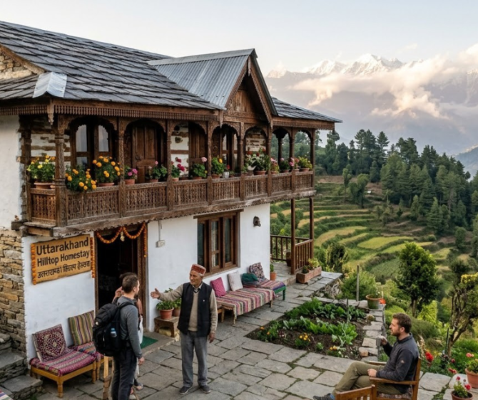 Stone-built hilltop homestay in Uttarakhand featuring a traditional wooden balcony, colorful flowers, and views of green hills and snow-capped Himalayan mountains.