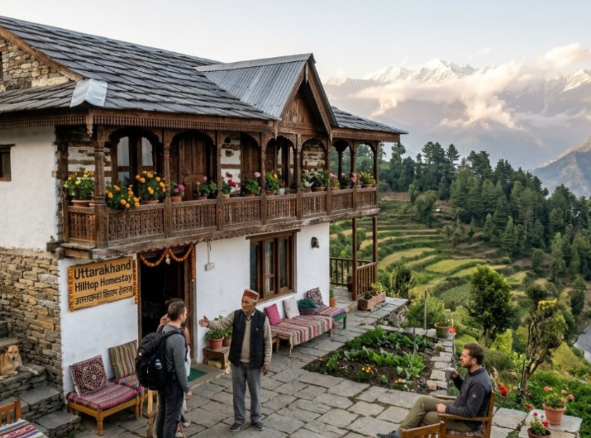 Stone-built hilltop homestay in Uttarakhand featuring a traditional wooden balcony, colorful flowers, and views of green hills and snow-capped Himalayan mountains.