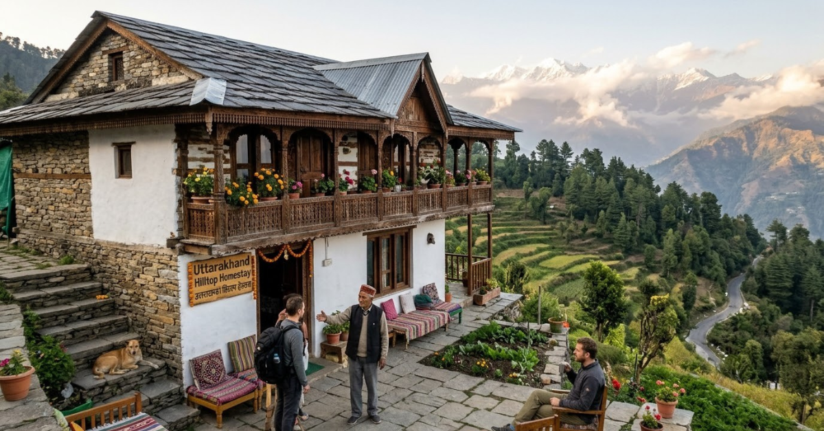 Stone-built hilltop homestay in Uttarakhand featuring a traditional wooden balcony, colorful flowers, and views of green hills and snow-capped Himalayan mountains.