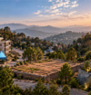 Kasauli apartments surrounded by lush green hills, featuring modern architecture and contrasting arrows illustrating real estate price trends at sunset.