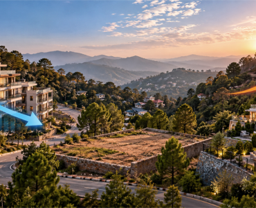 Kasauli apartments surrounded by lush green hills, featuring modern architecture and contrasting arrows illustrating real estate price trends at sunset.