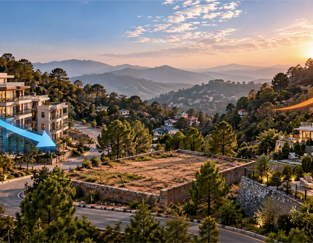 Kasauli apartments surrounded by lush green hills, featuring modern architecture and contrasting arrows illustrating real estate price trends at sunset.
