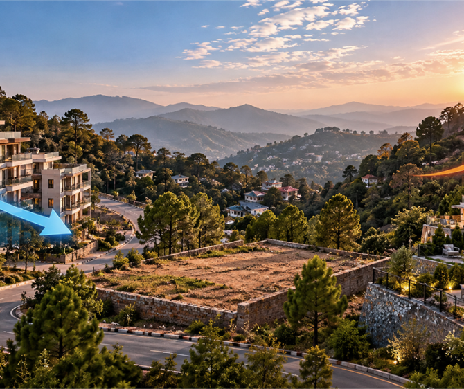 Kasauli apartments surrounded by lush green hills, featuring modern architecture and contrasting arrows illustrating real estate price trends at sunset.