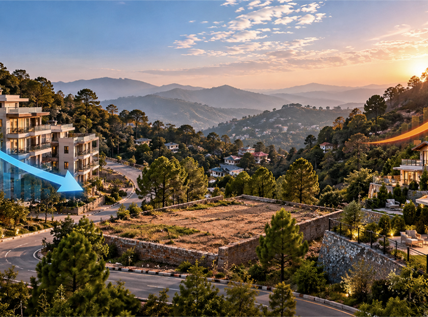 Kasauli apartments surrounded by lush green hills, featuring modern architecture and contrasting arrows illustrating real estate price trends at sunset.