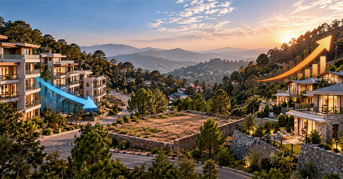 Kasauli apartments surrounded by lush green hills, featuring modern architecture and contrasting arrows illustrating real estate price trends at sunset.