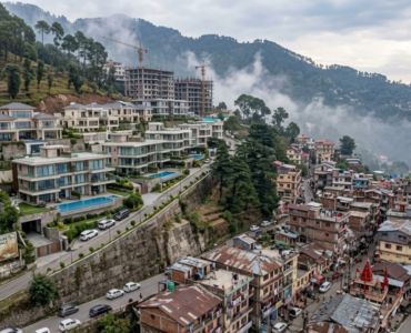 Luxury villas and apartments in Kasauli overlooking a misty mountain landscape, contrasted with densely packed residential buildings and ongoing real estate development in the hills.