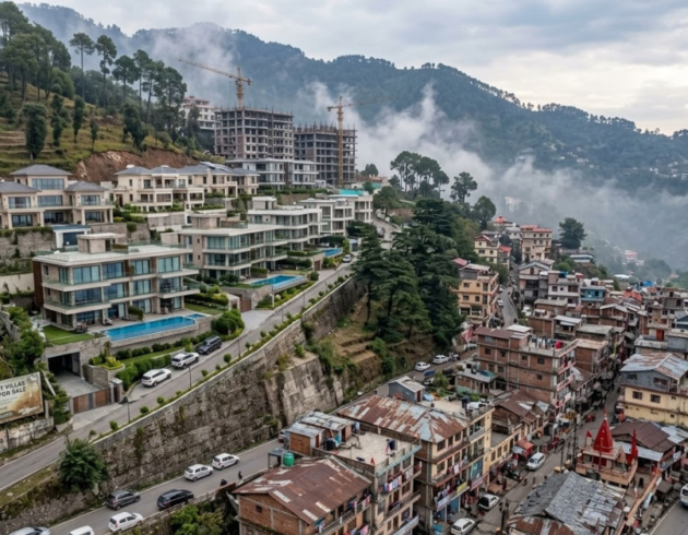 Luxury villas and apartments in Kasauli overlooking a misty mountain landscape, contrasted with densely packed residential buildings and ongoing real estate development in the hills.