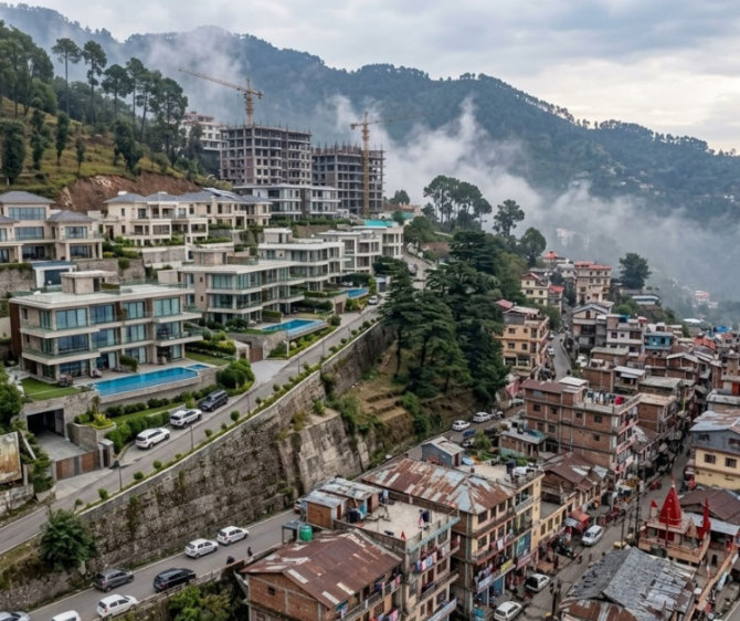 Luxury villas and apartments in Kasauli overlooking a misty mountain landscape, contrasted with densely packed residential buildings and ongoing real estate development in the hills.