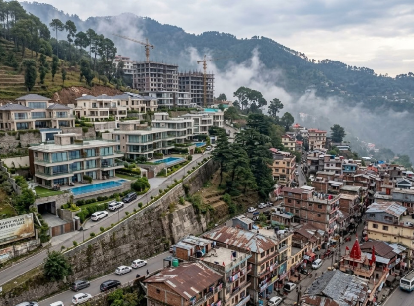 Luxury villas and apartments in Kasauli overlooking a misty mountain landscape, contrasted with densely packed residential buildings and ongoing real estate development in the hills.