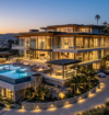 Luxury real estates featuring a modern coastal villa with an infinity pool, elegant architecture, and stunning ocean views at sunset.