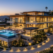 Luxury real estates featuring a modern coastal villa with an infinity pool, elegant architecture, and stunning ocean views at sunset.