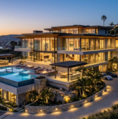 Luxury real estates featuring a modern coastal villa with an infinity pool, elegant architecture, and stunning ocean views at sunset.