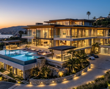 Luxury real estates featuring a modern coastal villa with an infinity pool, elegant architecture, and stunning ocean views at sunset.