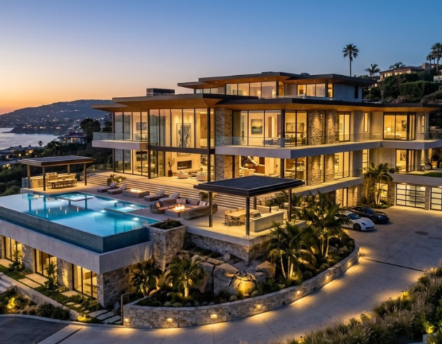 Luxury real estates featuring a modern coastal villa with an infinity pool, elegant architecture, and stunning ocean views at sunset.