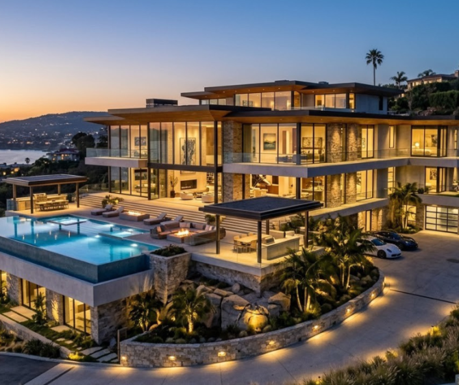 Luxury real estates featuring a modern coastal villa with an infinity pool, elegant architecture, and stunning ocean views at sunset.
