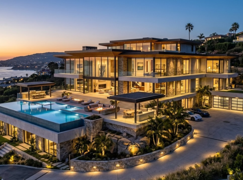 Luxury real estates featuring a modern coastal villa with an infinity pool, elegant architecture, and stunning ocean views at sunset.
