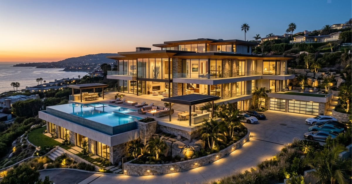 Luxury real estates featuring a modern coastal villa with an infinity pool, elegant architecture, and stunning ocean views at sunset.