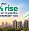 Residential real estate market in India sees a 32% rise in launches in Q3 2026, illustrated by modern apartment buildings and an upward-trending green growth arrow.