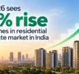 Residential real estate market in India sees a 32% rise in launches in Q3 2026, illustrated by modern apartment buildings and an upward-trending green growth arrow.