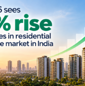 Residential real estate market in India sees a 32% rise in launches in Q3 2026, illustrated by modern apartment buildings and an upward-trending green growth arrow.