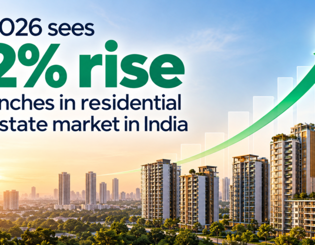 Residential real estate market in India sees a 32% rise in launches in Q3 2026, illustrated by modern apartment buildings and an upward-trending green growth arrow.